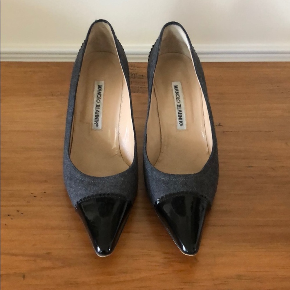 Manolo Blahnik grey tweed with black patent toe